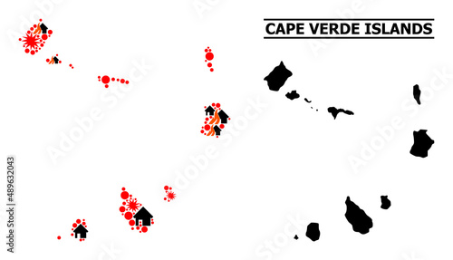 War mosaic vector map of Cape Verde Islands. Geographic mosaic map of Cape Verde Islands is combined from randomized fire, destruction, bangs, burn homes, strikes.