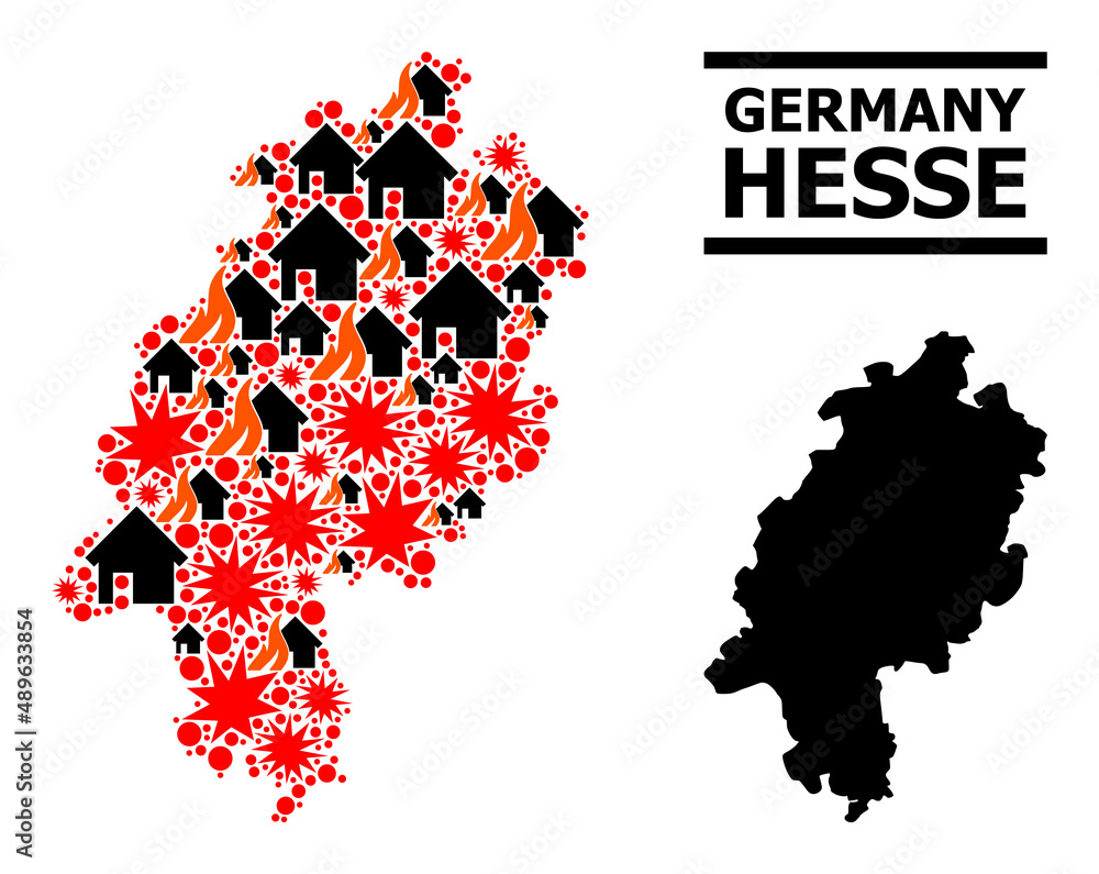 Obraz premium War pattern vector map of Hesse State. Geographic concept map of Hesse State is done from scattered fire, destruction, bangs, burn realty, strikes. Vector flat illustration for war projects.