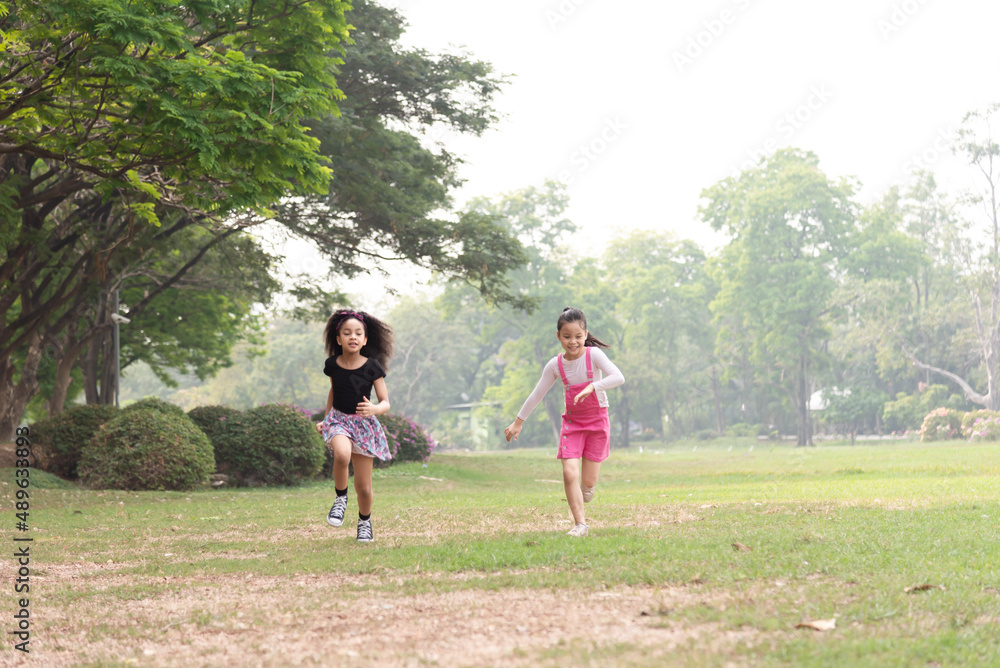 Small group of a happy children run through the park in the background of grass and trees. Children's outdoor games, vacations, weekend, Children's Day Small group of a happy children run through the park in the background of grass and trees. Children's outdoor games, vacations, weekend, Children's Day