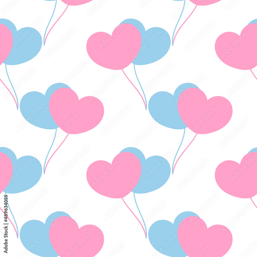 seamless pattern of light blue and pink heart shaped balloons