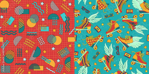 A set of 2 seamless patterns. Retro style of the 90s. Roller skates, audio cassettes, glasses, memphis, bright colors, textured background.