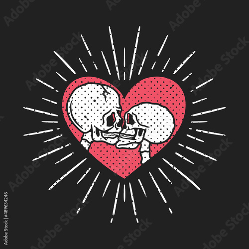 illustration of a skull kissing inside a heart