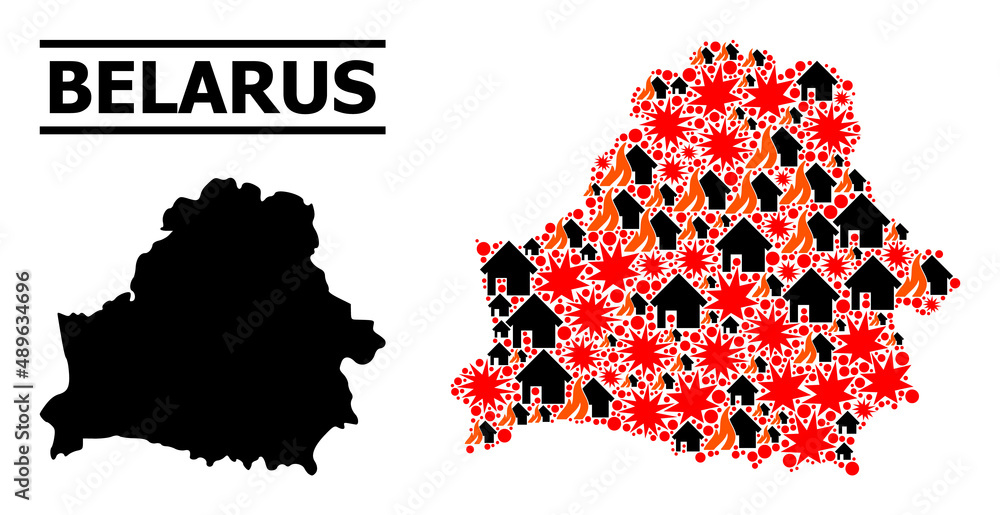 War collage vector map of Belarus. Geographic mosaic map of Belarus is created with scattered fire, destruction, bangs, burn homes, strikes. Vector flat illustration for war projects.