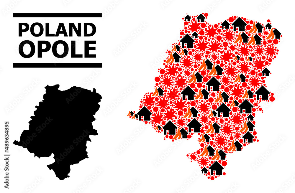 Obraz premium War mosaic vector map of Opole Province. Geographic mosaic map of Opole Province is combined with scattered fire, destruction, bangs, burn houses, strikes. Vector flat illustration for war posters.