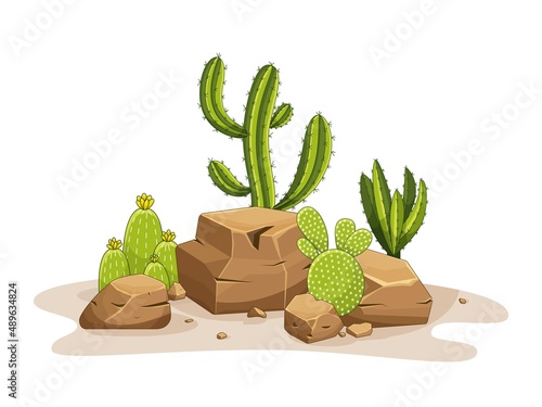 Cactus with thorns and stones. Mexican green plant with spines and rocks. Element of the desert and southern landscape. Cartoon flat vector illustration. Isolated on white background