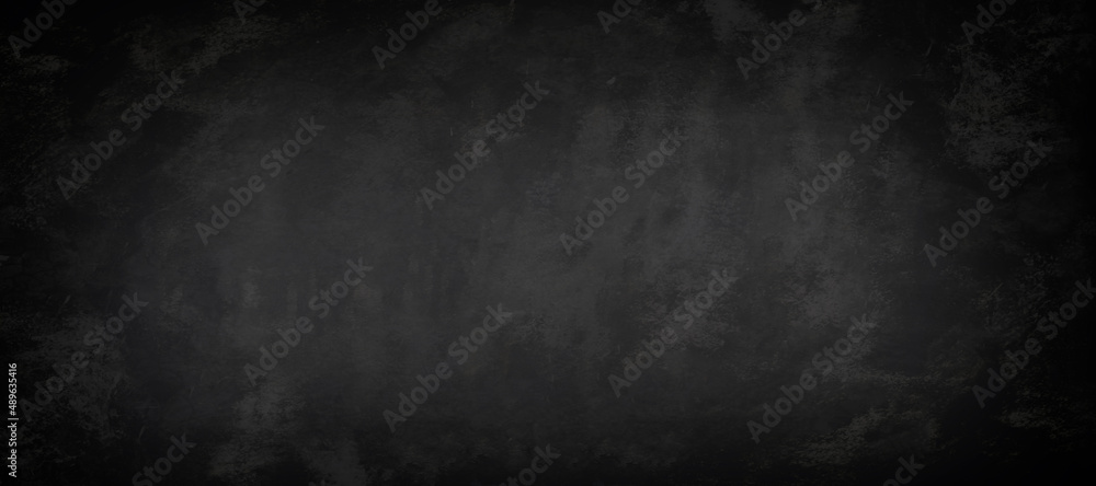 Wide chalkboard or black board texture abstract background with grunge dirt white chalk rubbed out on blank black billboard wall