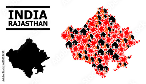 War pattern vector map of Rajasthan State. Geographic mosaic map of Rajasthan State is created from randomized fire, destruction, bangs, burn houses, strikes. photo