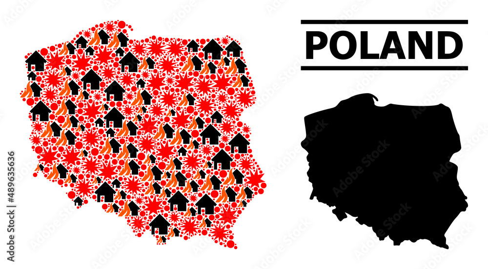 War mosaic vector map of Poland. Geographic mosaic map of Poland is constructed from scattered fire, destruction, bangs, burn houses, strikes. Vector flat illustration for military proclamations.