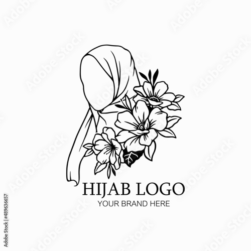 Hijab fashion logo, hijab store icon art, hijab with flower design vector