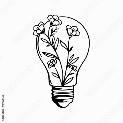 light bulb with flower vector isolated, floral lamp design decor icon illustration