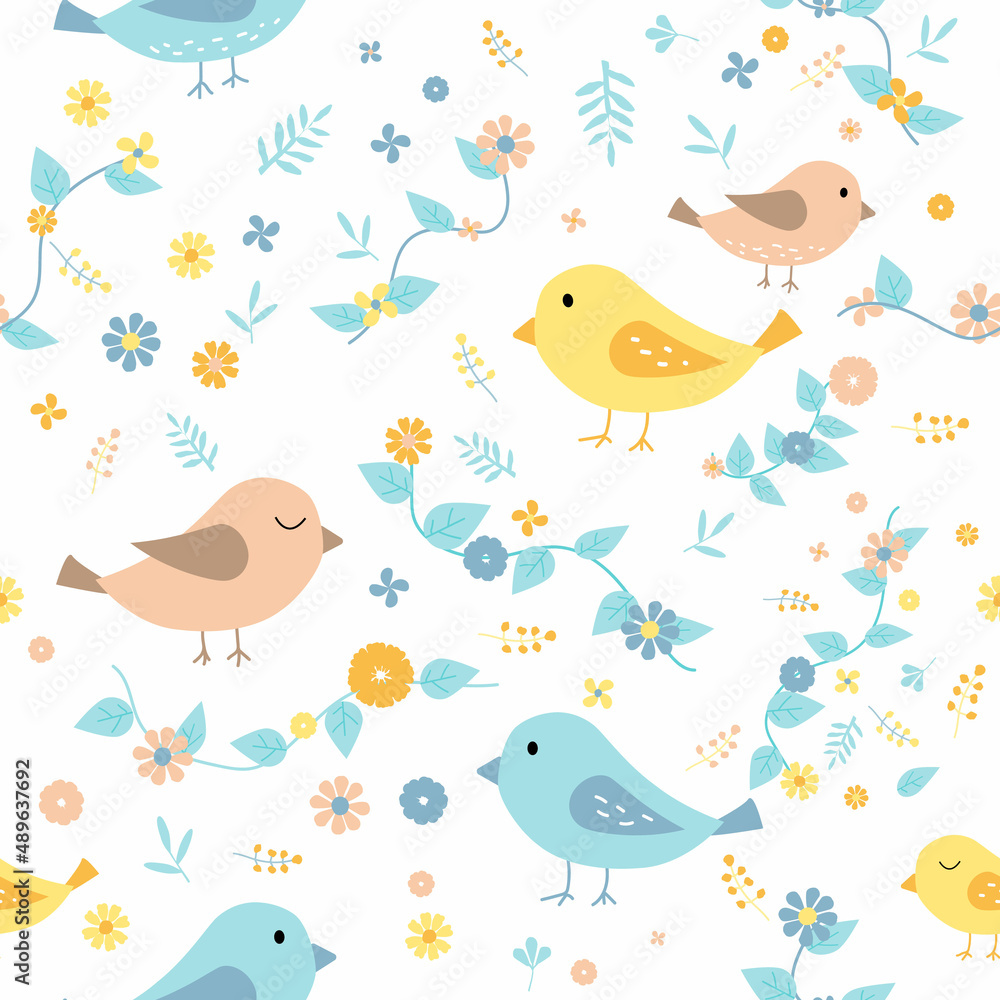 colorful cute bird with leaf and flower seamless for fabric pattern