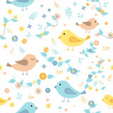 colorful cute bird with leaf and flower seamless for fabric pattern