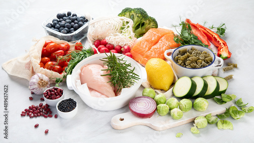 Healthy food assortment on light background. photo