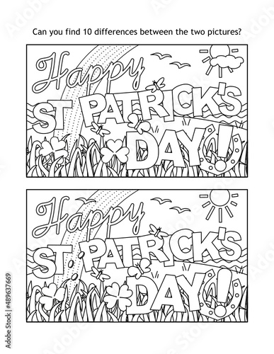  Happy St Patrick s Day   holiday greeting find the differences picture puzzle and coloring page 