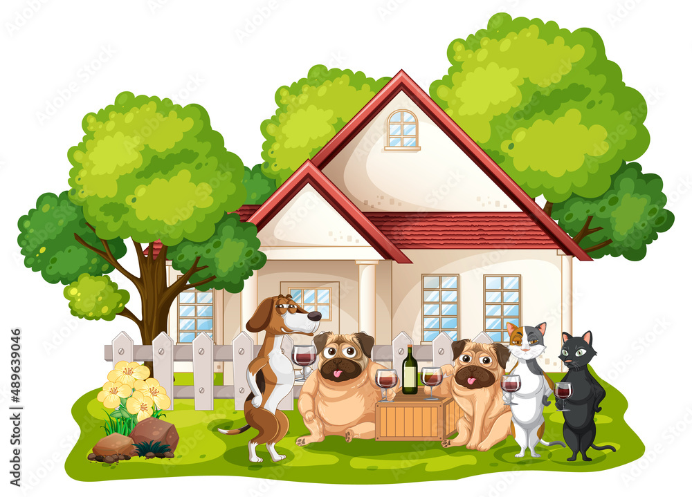 Many pet playing outside the doghouse
