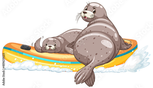 Seals on inflatable boat in cartoon style