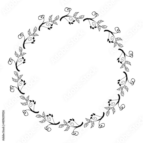 Simple Hand drawn floral oval frame wreath on white background
