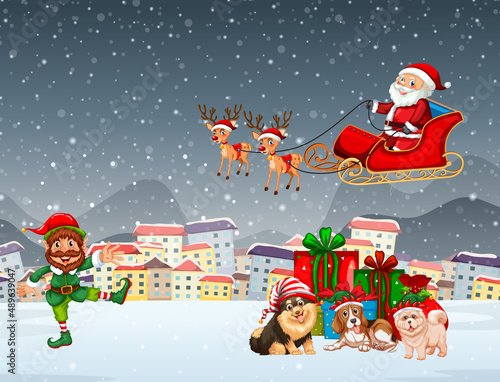 Snowy Christmas night scene with Santa Claus on sleigh