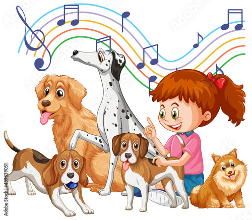 A girl with her cute dogs in cartoon style