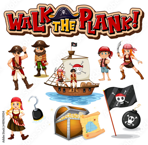 Set of pirate cartoon characters and objects
