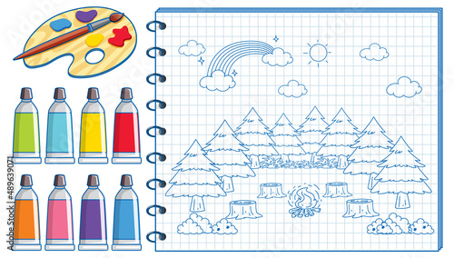 A notebook with a doodle sketch design and watercolour