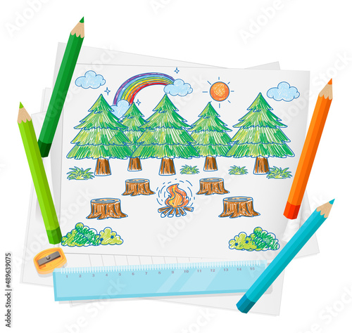 A paper with a doodle sketch design with color and colour pencils