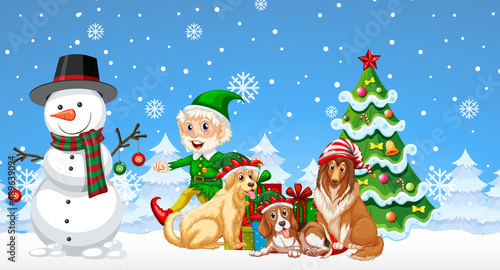 Christmas cartoon characters on snowy blue background