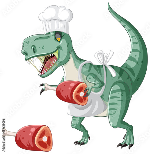 Tyrannosaurus rex dinosaur holding meat bone in cartoon style