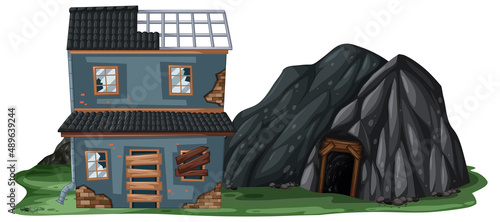 An abandoned house with a rock cave on white background