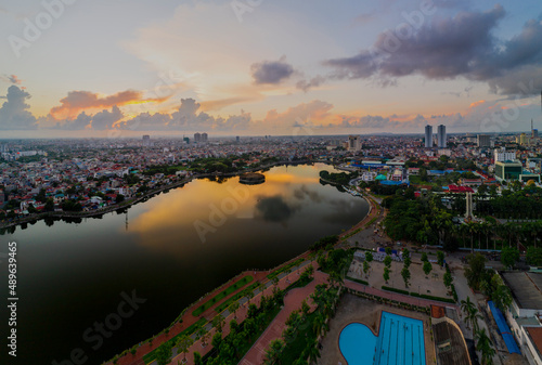 Haiphong, Vietnam Sep 2020 Aerial view of Haiphong City skyline during sunrise look from 300m height above Lach Tray Stadium