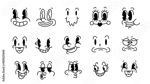 Retro 30s cartoon and comics characters faces. Traditional emotions vector elements. Vintage characters creator for trending illustration.