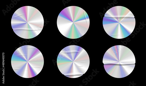 Holographic stickers with wrinkles set. Geometric shapes label with rainbow hologram. Vector elements for modern trend design.