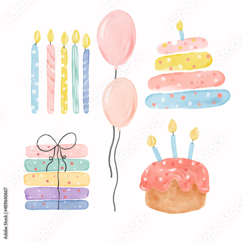 cute soft pastel watercolor party cake and candles hand drawn watercolour vector set