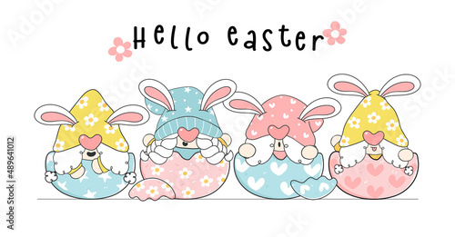 Cute Easter gnome in eggshell group, happy holidays cartoon hand drawing idea for greeting card, banner