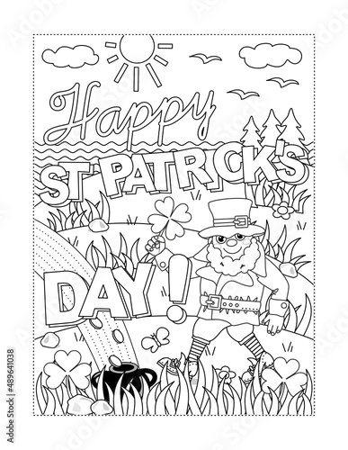  Happy St Patrick s Day   greeting coloring page  poster  sign or banner black and white activity sheet  