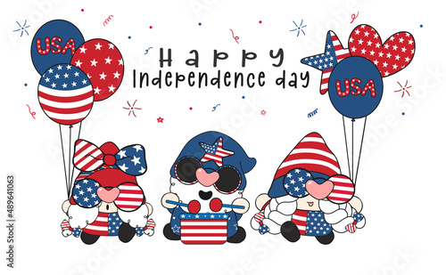 group of three cute happy 4th of July America independence Gnomes celebrating , cute fun cartoon drawing vector banner.