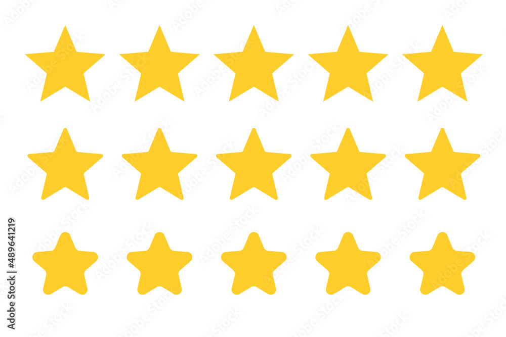 A set of five star icons in different shapes. Rating. Vectors.