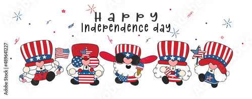 group of five cute happy 4th of July America independence Gnomes celebrating , cute fun cartoon drawing vector banner.