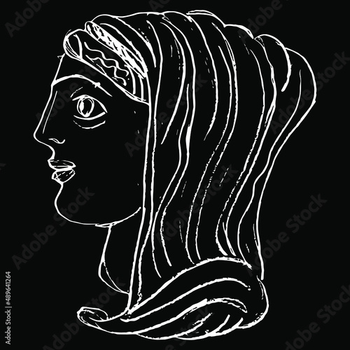 Ancient Greek goddess Hestia or Vesta. Female portrait. head in profile of antique woman in Hand drawn linear doodle rough sketch. White silhouette on black background.