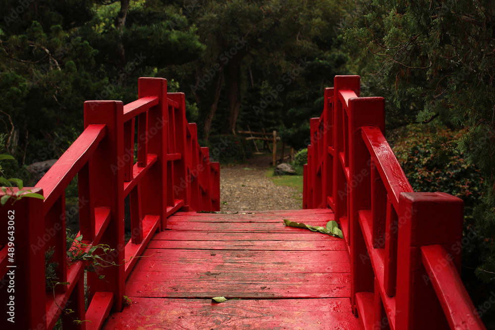 The red bridge in the Japanese garden. Classic Japanese style The red bridge in the Japanese garden. Classic Japanese style