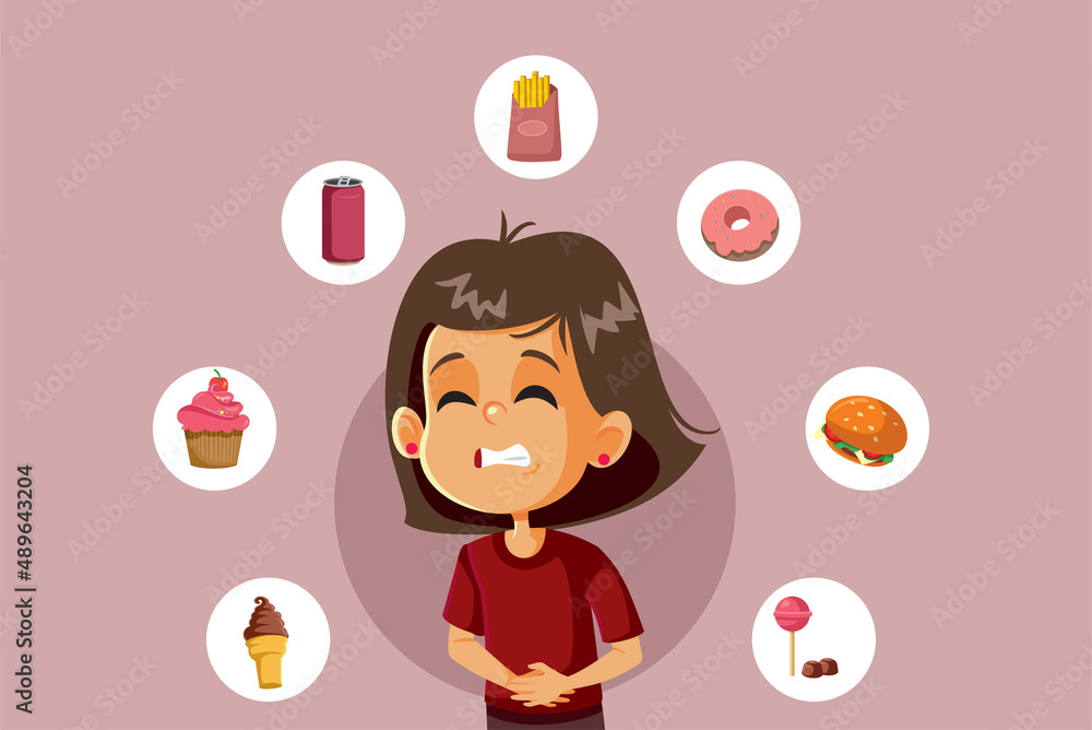 Little Girl Having a Stomachache after Eating Fast Food and Sweets Little Girl Having a Stomachache after Eating Fast Food and Sweets
