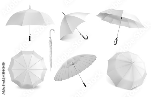 Realistic white umbrella. Parasol mockup for branding. View from different angles on open and closed waterproof canopy. 3D folded tent with handle. Vector rain protection accessories set
