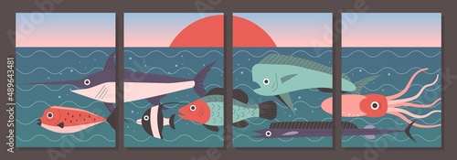 Sea trendy banners. Cartoon ocean and water related posters. Undersea nature. Sunrise scenery. Swimming fish. Marine swordfish and squid. Underwater collage. Vector minimalistic art set