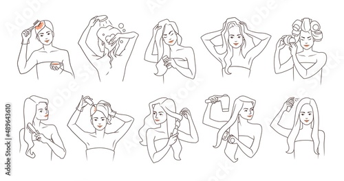 Hair care. Cartoon girl washing hair. Routine beauty shower procedures. Woman combing and making hairstyle. Cosmetic masks. Female using shampoo and conditioner. Vector haircare set