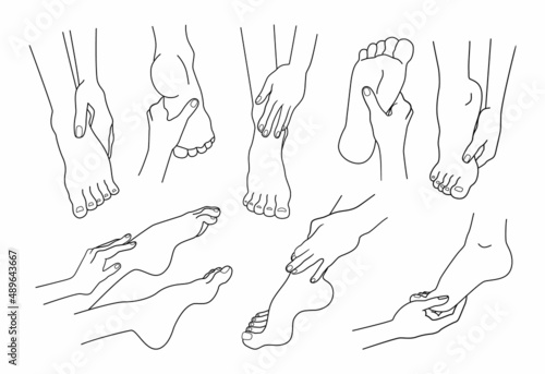 Feet with hands. Beauty cosmetics. Skin care and medical logo graphic template. Outline female barefoot ankles. Womens arms touching soles. Human limbs. Vector line art body parts set