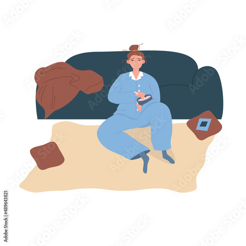 Sad young girl home in pajamas eating ice cream. An unhappy female character is eating up grief. Eating disorder. Woman a bad mood sits and eats food. Cartoon vector illustration.
