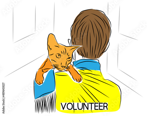 Male volunteer is cuddling rescued stray cat. Sick street cat sits on shoulder of volunteer, an animal shelter worker. Animal care and protection concept. Adoption of pets, charity. Sketch drawing