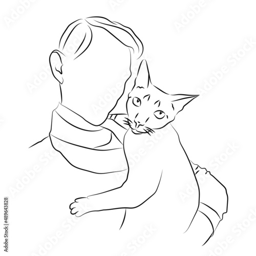 Domestic cat sits in arms of its owner. Showing love and caresses to pet. Animal care, welfare and protection concept. Man with cat. Adoption of pets. Volunteering at an animal shelter. Sketch