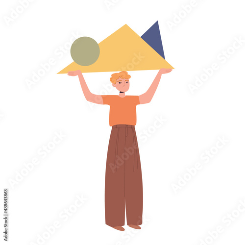 Young girl is holding heavy tasks. The concept of troubles, difficulties in life. A woman carries an unbearable burden. Cartoon vector flat illustration on a white isolated background.