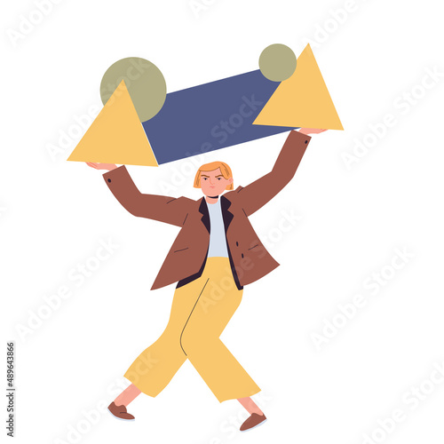 Young girl is holding heavy tasks. The concept of troubles, difficulties in life. A woman carries an unbearable burden. Cartoon vector flat illustration on a white isolated background.